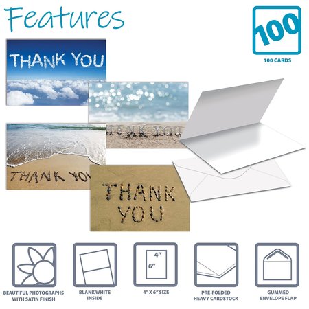 Better Office Products Thank You Cards W/Envs, 4 Cover Designs, Blank Inside, All Occasions, Serinity Collection, 100PK 64522